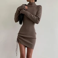 dress for new year 2022 females drawstring high neck knitted dress solid sexy long sleeves woman clothes winter robes de soire