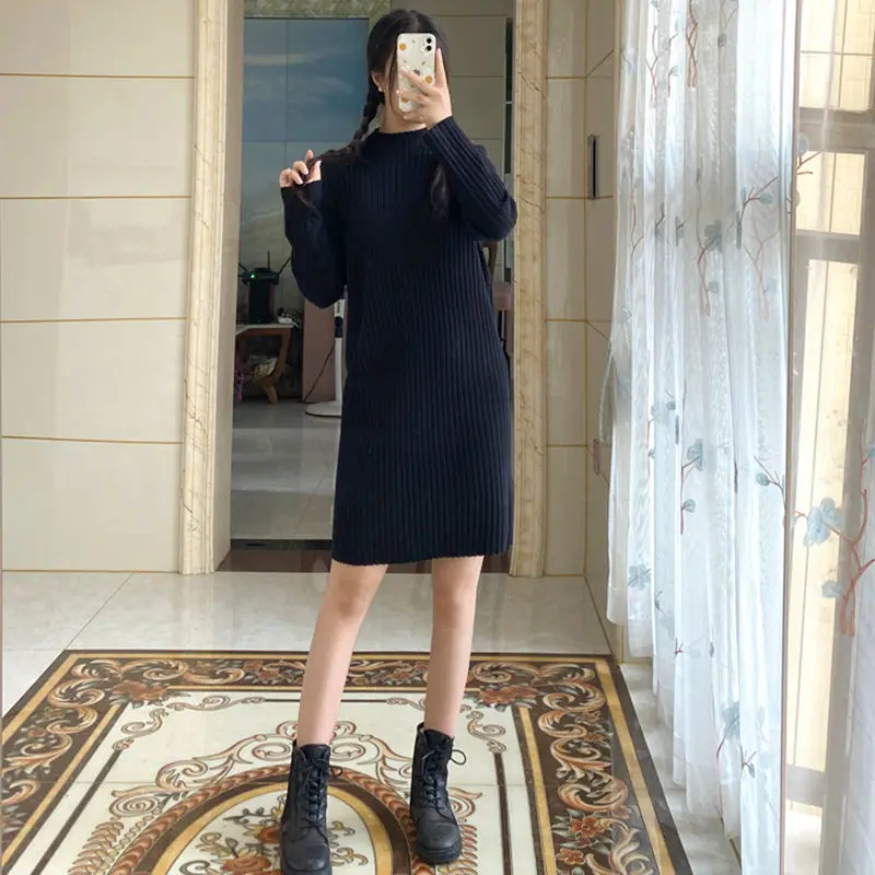 

Осенне-зимнее трикотажное платье в Корейском стиле Женская Базовая Трикотажная юбка средней длины с воротником средней длины модная однот...