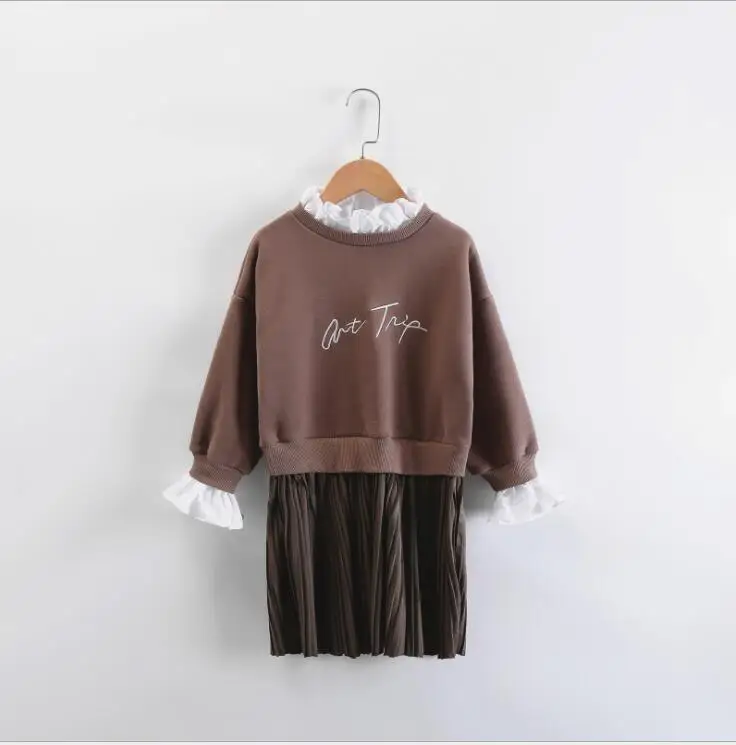 Платья для девочек; коллекция года; сезон осень-зима; вельветовое платье в стиле пэчворк; костюм из двух предметов для девочек; милая детская одежда - Цвет: Коричневый