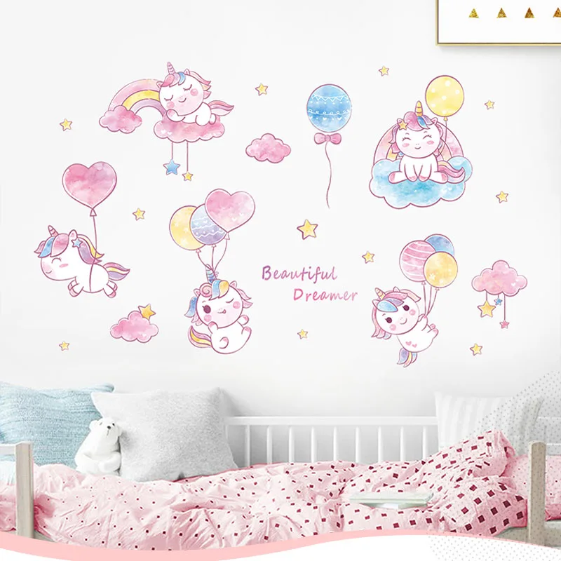 Мультяшные настенные стикеры с единорогом для детской комнаты Декоративные