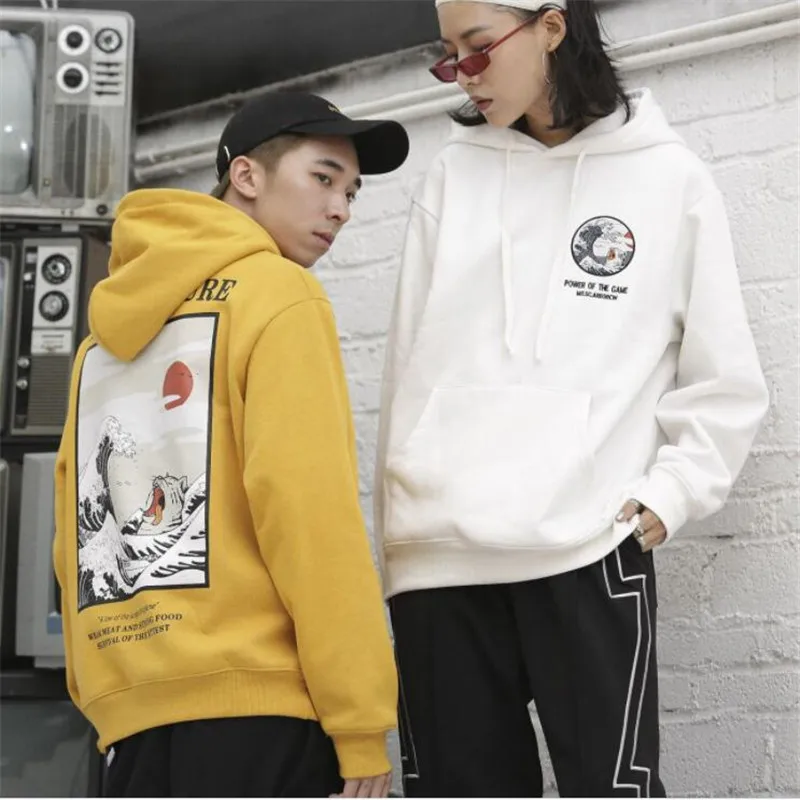 

Japanese hoodies men Embroidery Funny Cat Wave harajuku Printed fleece hip hop streetwear winter sport brand hoodies sweatshirts