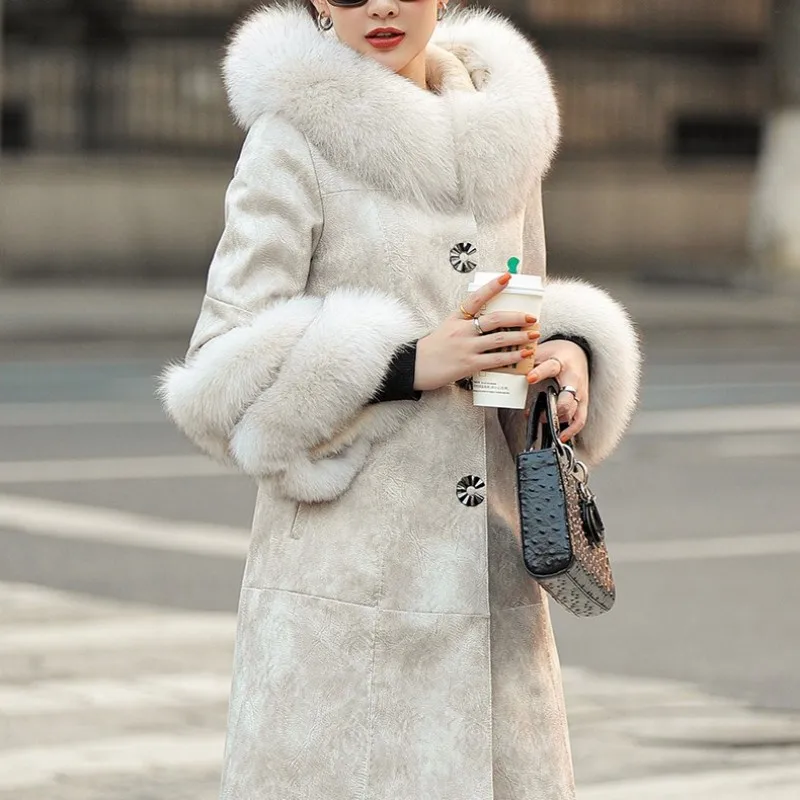 

Women Winter Rabbit Fur Shearling Coat Luxury Elegant Medium Long Fox Fur Collar Hooded Jackets OL Style Retro Warm Lady Coats
