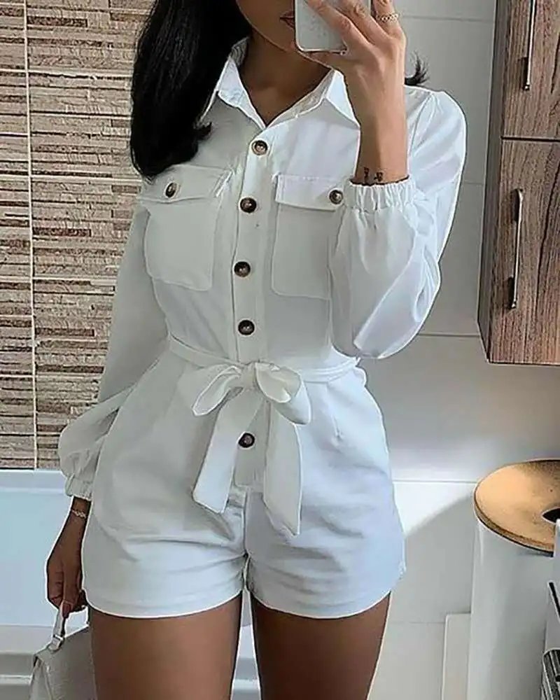 

White Shirt Collar Jumpsuit 2021 Summer Jumpsuit Women's Bodysuit Casual Solid Color Women's Jumpsuit