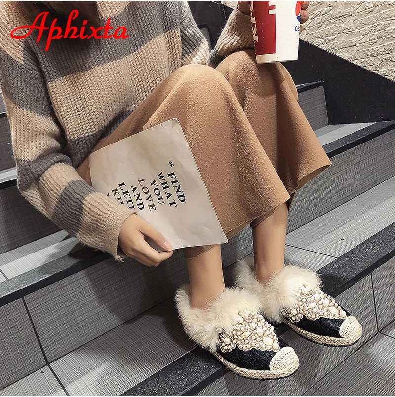 Aphixta зимние теплые тапочки с натуральным мехом; женская обувь на шнуровке с жемчугом и кристаллами; шикарная плюшевая женская обувь с натуральным кроличьим мехом