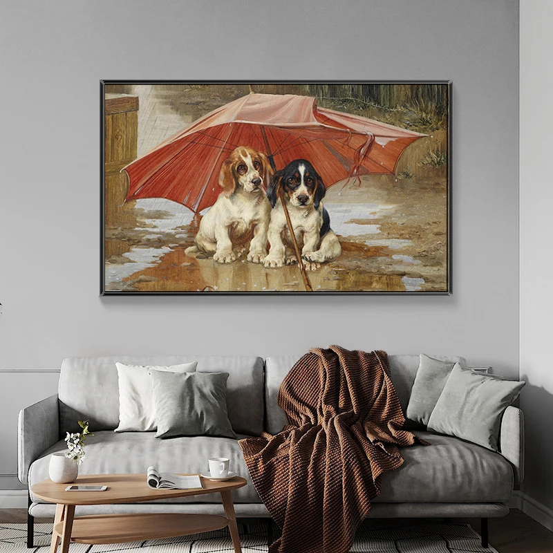Poor Two Dogs under the Shabby Umbrella Oil Painting Prints on Canvas Wall Art Decorative Picture for Living Room Decor No Frame | Дом и сад