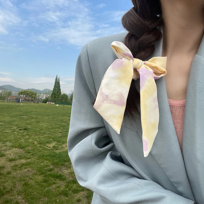 

Free Summer Fashion Sweet Hair Bands Big Bow Scrunchie Hair Rope Women Ponytail Scarf Tie-dyed Hair Accessories Long Hair Ribbon