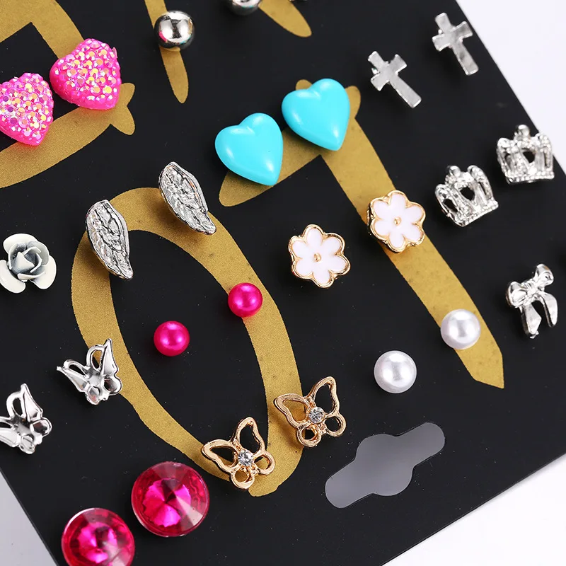 

20Pairs/set Earrings for Women Simple Rhinestone Pearl Metal Geometric Korean Earrings Stud Earrings Set Mixed Valentines Gifts