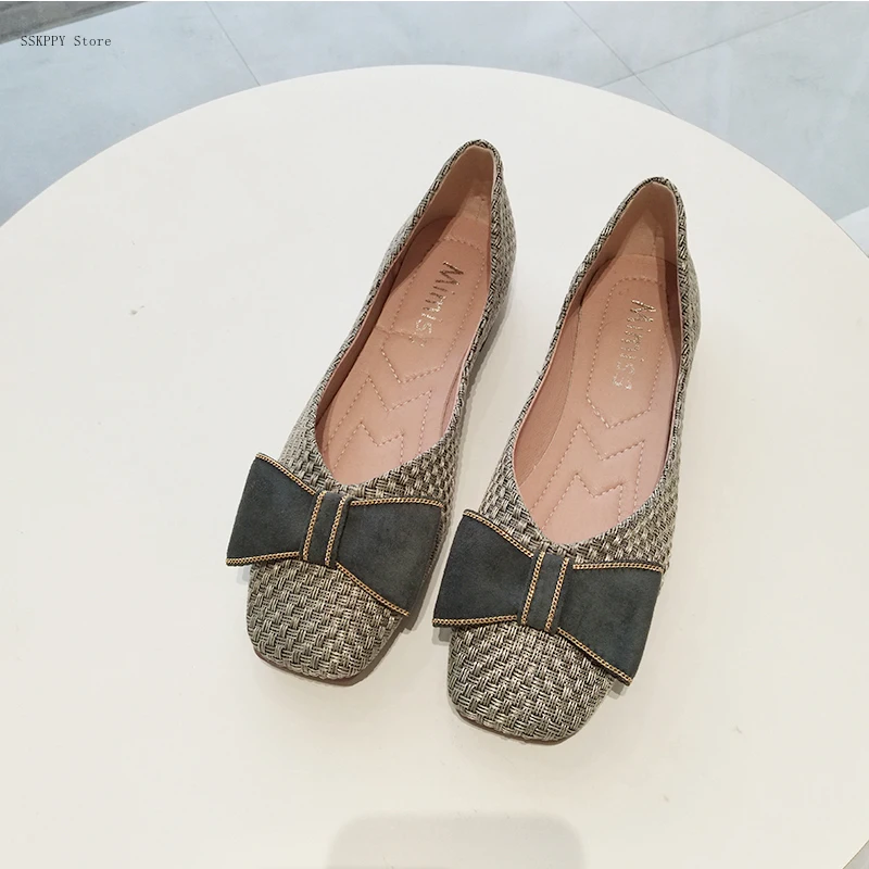 Ladies Ballet Flats Ladies Square Toe Soft Sole Non-slip Woven Leather Casual Shoes with Sweet Bow Loafers Brown Lolita Shoes