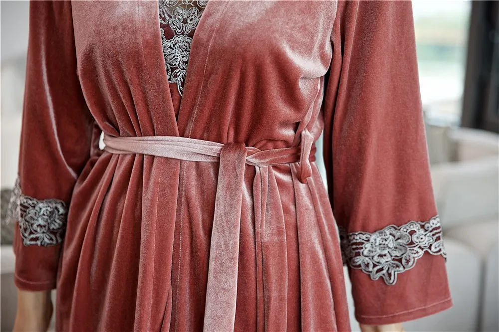 

Velvet Women Pajamas Kimono Gown Sexy Lace Trim 3PCS Nightwear Suit Casual Intimate Lingerie Nightgown Burgundy Soft Sleepwear