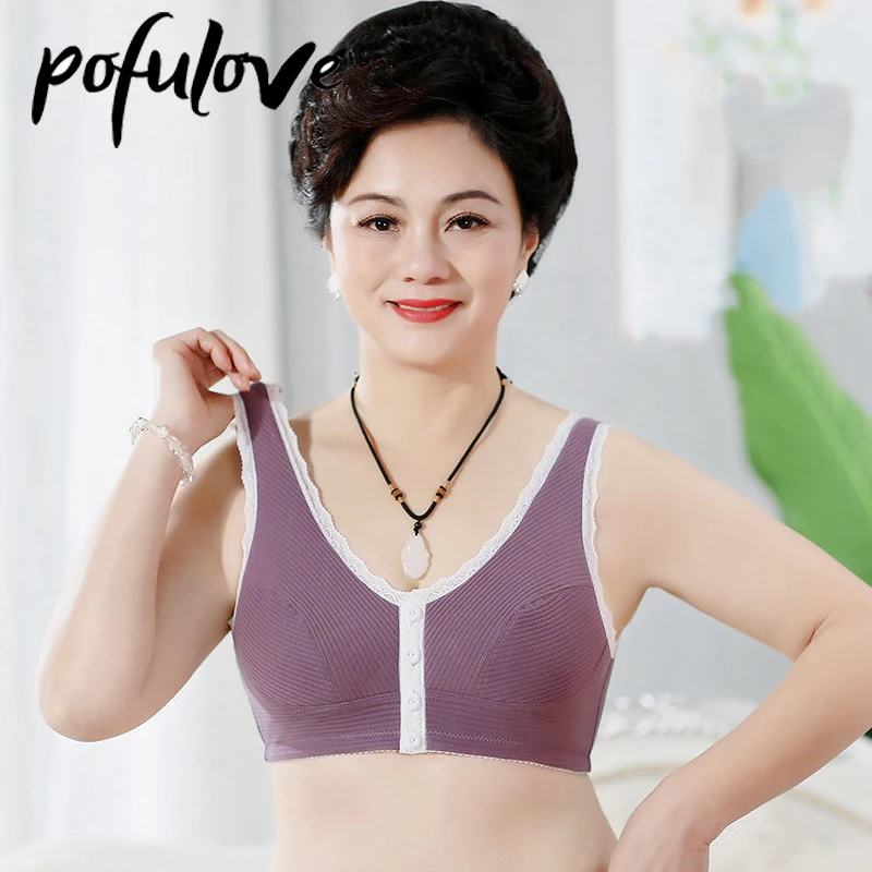 

Cotton Front Button Bra Women Elderly Front Buckle Closure Push Up Bras Wire Free Bralette Seamless Brassiere Female Lingerie
