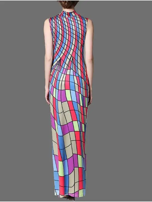 

2021 New Women's Summer High Collar Sleeveless Colorful Printing Temperament Slim and Elegant Everyday All-match Dress FZ082