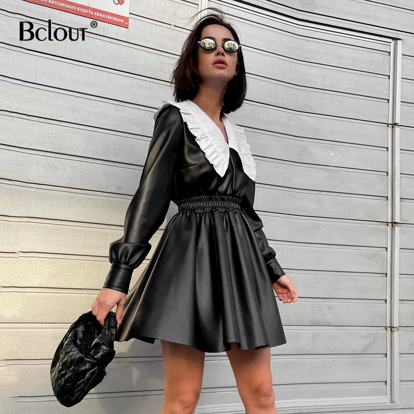 Женское кожаное платье Bclout с воротником Питер Пэн Осеннее Черное мини-платье в