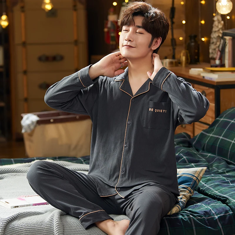 cotton pijama set for men Tshirt O-neck plus size underwear long sleeved pajama sleepwear clothing winter nightwear male | Мужская