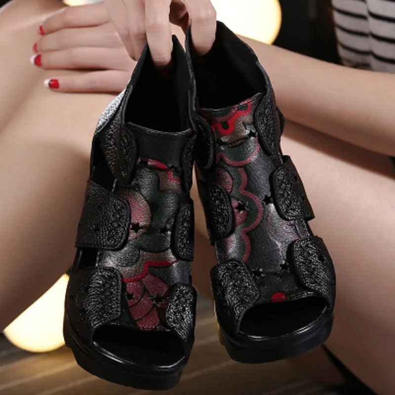 Women's leather sandals summer new national wind fish mouth wedge with thick-bottomed hollow hole muffin bottom | Обувь