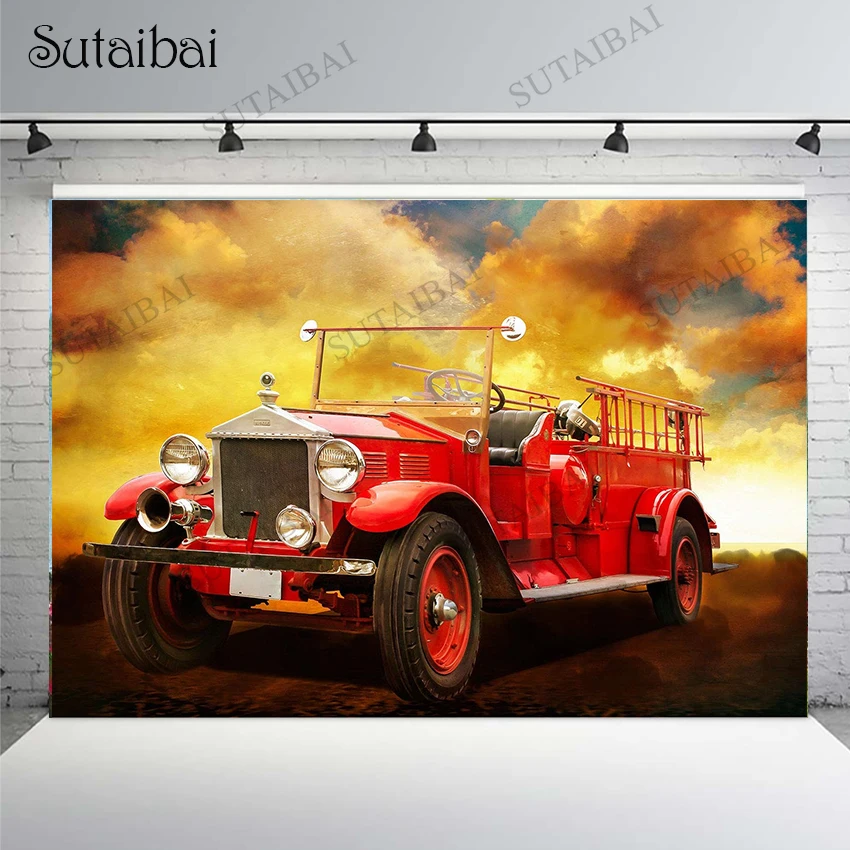 

Retro Fire Truck Backdrop for Photography Vinyl Burning Clouds Backgrounds Birthday Party Decor Photo Shoot Child Portrait