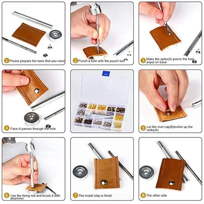 

360Pcs 3 Sizes Leather Rivets Double Cap Rivet Tubular Metal Studs with 4 Fixing Set Tools for Diy Leather Craft, 4 Colors (Gold