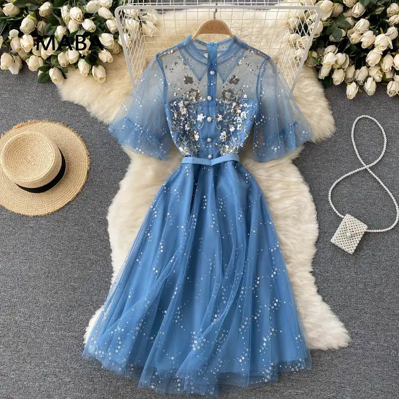 

High quality mesh Tulle dress women's short sleeve slim sequins Embroidery A-line dress designer dress 2021 summer