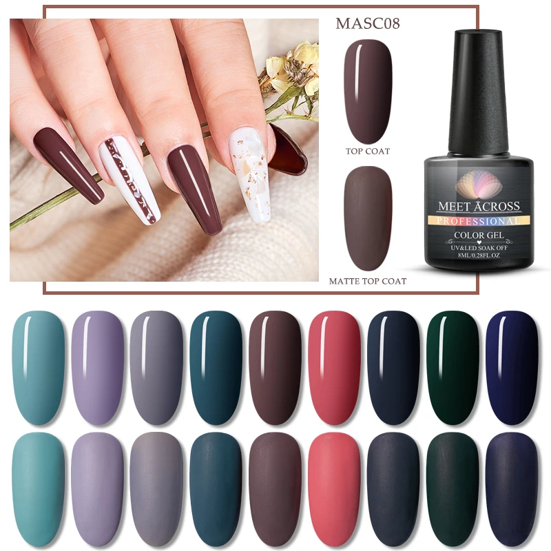 

MEET ACROSS Matte UV Gel Nail Polish 8ml Pure Nail Color Matte Top Coat Soak Off Nail Art Gel Varnish All For Manicure Lacquer