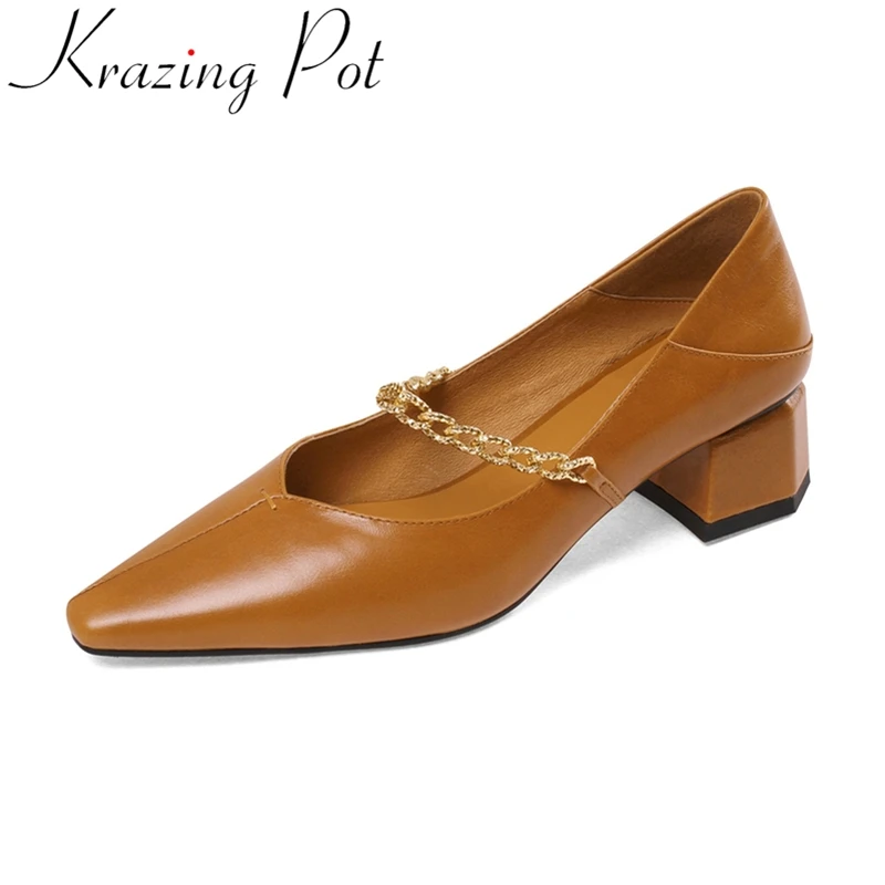 

Krazing Pot fashion cow leather shallow square toe summer shoes luxury chain slip on elegant wedding med heels women pumps L25