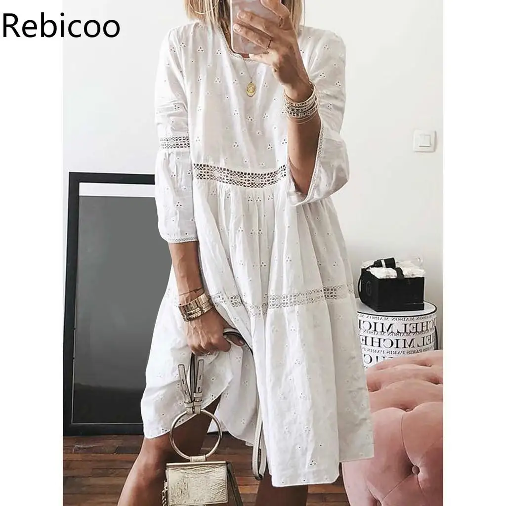 

Women Boho Solid Crew Neck Dresses Hollow Out Splice 3/4 Sleeve Mid-Long Dresses summer beach dress plus size dress