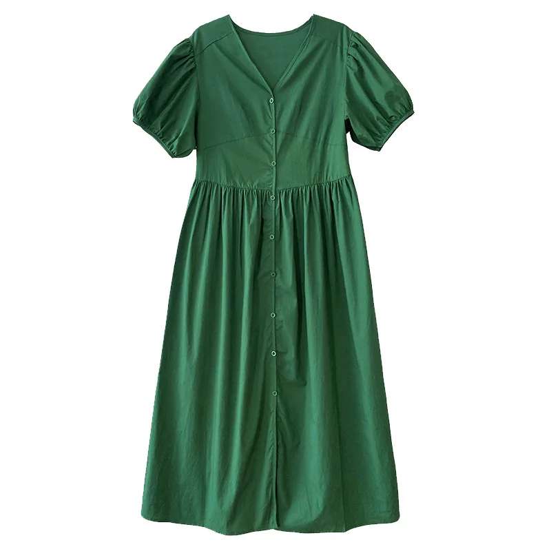 

TVVOVVIN Korea Loose High Waist Solid Mid-length Dress 2021 Summer New French Bubble Sleeve V-neck Lace Up Dress GEUB
