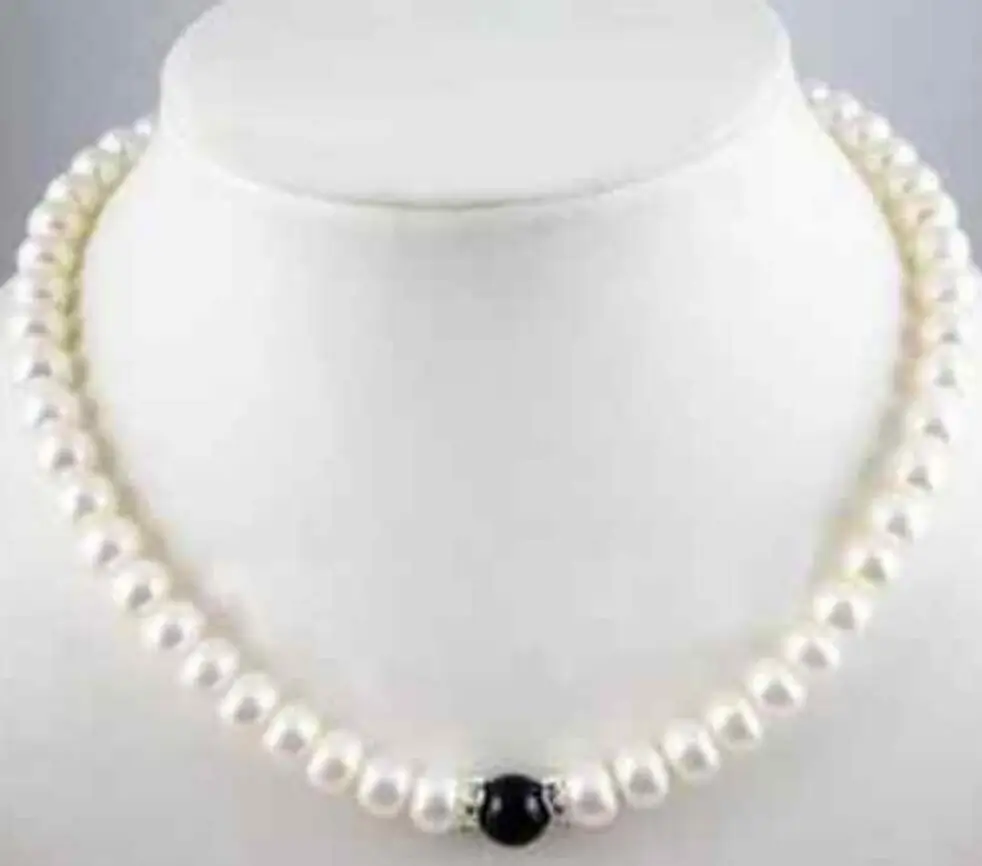 Бесплатная доставка очаровательный 7 8 мм белый FW жемчуг + черный агат ожерелье