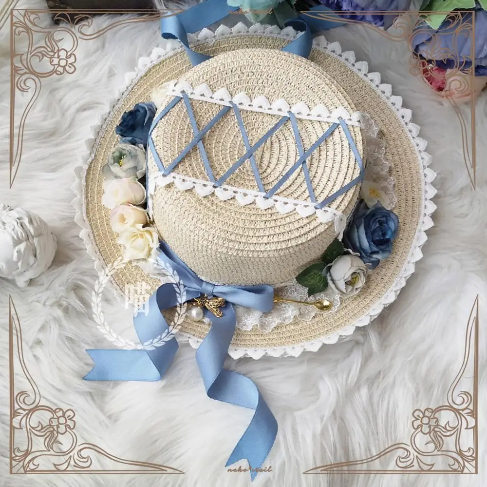 

Misty blue Высокое качество головной убор Лолиты ручной работы BB шляпа от солнца соломенная шляпа Мори девушка Лолита цветок лук кружева лента п...
