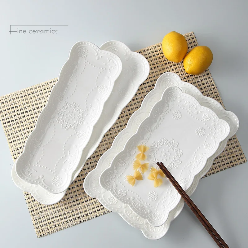 

white embossed porcelain vintage plate for buffet serving, dinnerware for sushi, ceramic japanese plates sushi,square 10inch