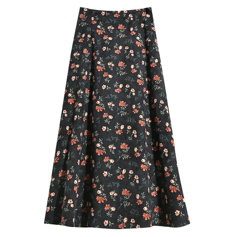 

Spring Corduroy Floral Skirt Women Middle Long Length Skirts Sweet High Elastic Waist A-line Mid-calf