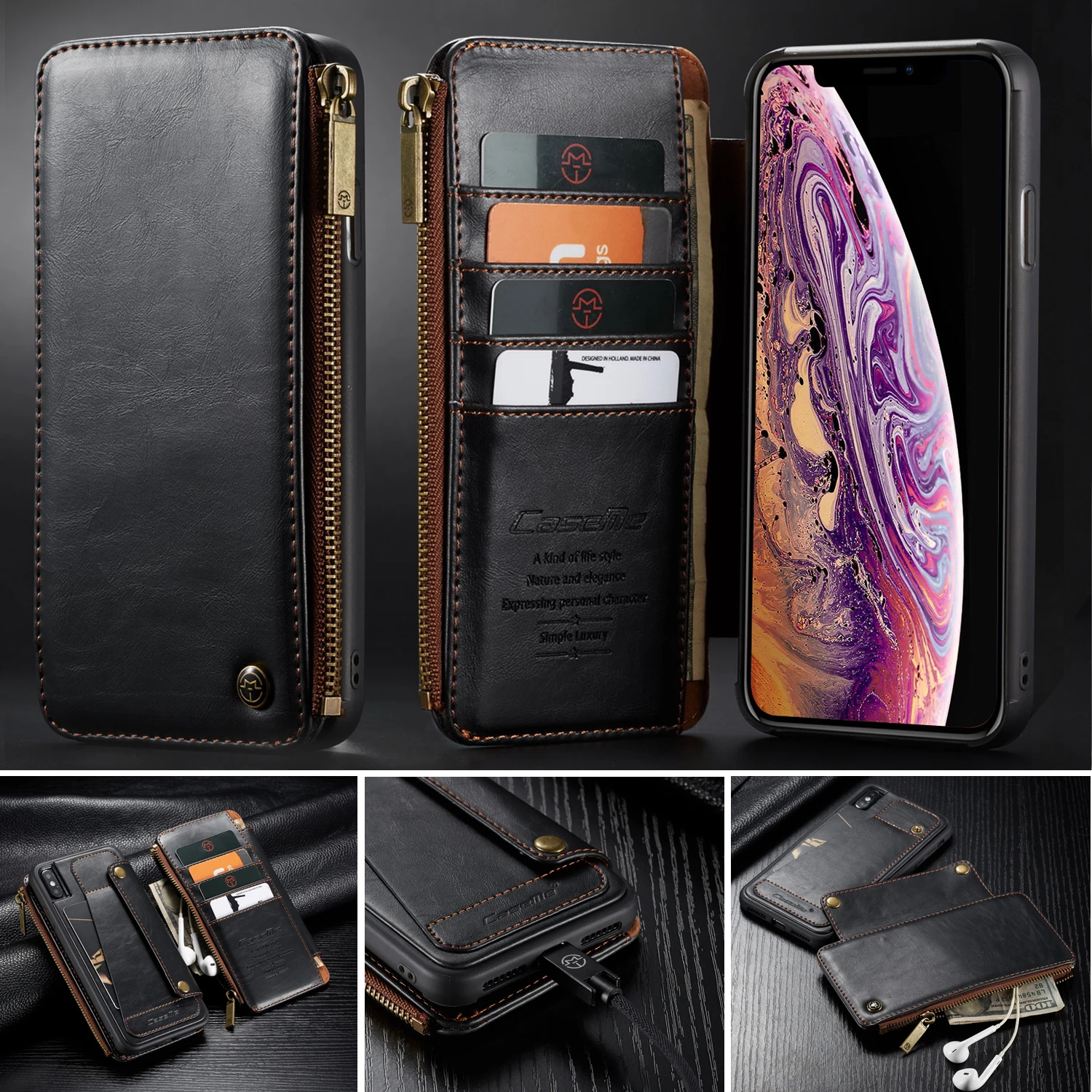 

CaseMe Wallet Case For iPhone 11 Pro 6s 7 8 Plus X XS XR MAX SE 2020 Zipper Wallet Leather Original Zipper Flip Wallet Leather