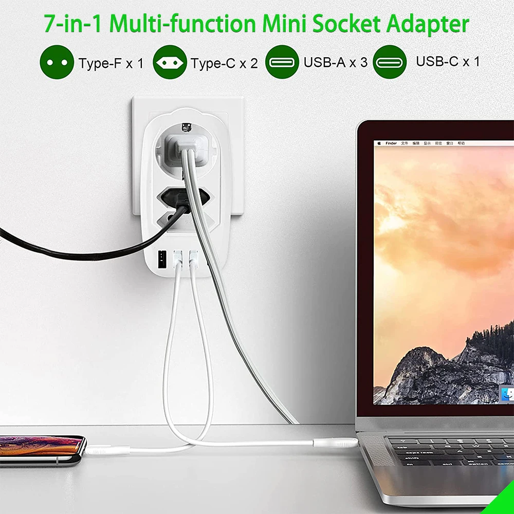 EU Plug Scoket 1 To 3 AC 3USB Charger With Type C Port 16A 4000W Wall For South Korea Russia Spain Israel |