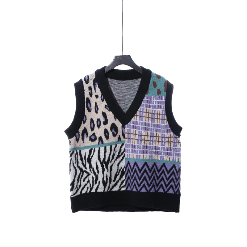 

Women Irregular Contrast Color Leopard Loose Knitting Vest New V Collar Sleeveless Fashion Spring Autumn 2021