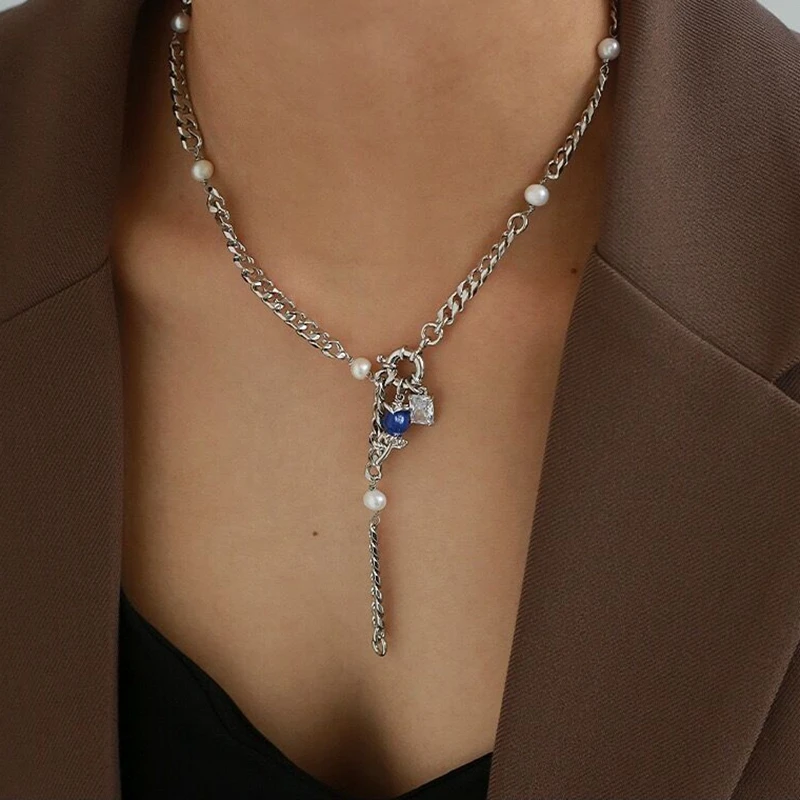 

MENGJIQIAO Fashion Punk Silver Color Metal Chain Necklaces Choker For Women Girls Elegant Blue Flower Pendant Party Jewelry