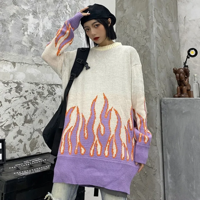 2020 New Arrival Women Sweaters Korean Chic Long Sleeve Fire Pattern Sueter Mujer Harajuku Streetwear Oversize Female Pullovers | Женская
