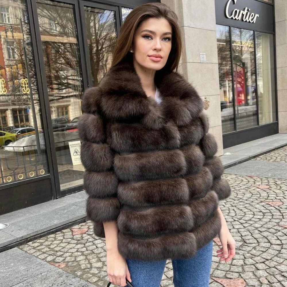 

Women Real Fox Fur Coat with Lapel Collar 2021 New Trendy High Quality Casual Woman Genuine Fox Fur Jacket Medium Length Outwear