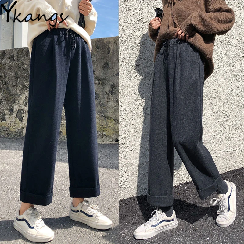 

Плотные шерстяные Джоггеры в Корейском стиле, женские широкие штаны, размера плюс, однотонные, универсальные, повседневные Прямые брюки для...