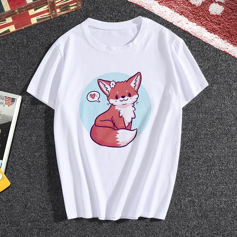 Женская хипстерская футболка Lus Los Cute белая с коротким рукавом и принтом лисы