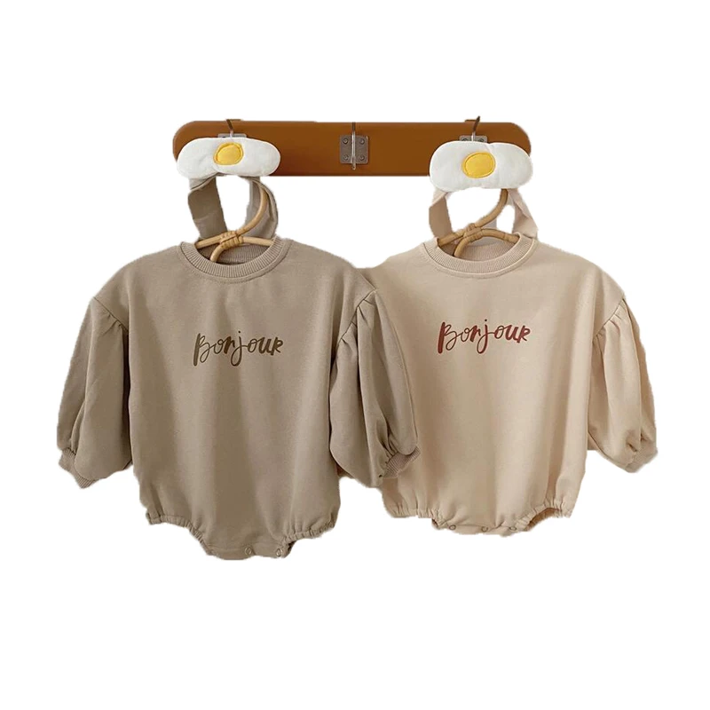 

Комбинезон детский с повязкой на голову, хлопок, с надписью, длинный рукав, для мальчиков и девочек, осень