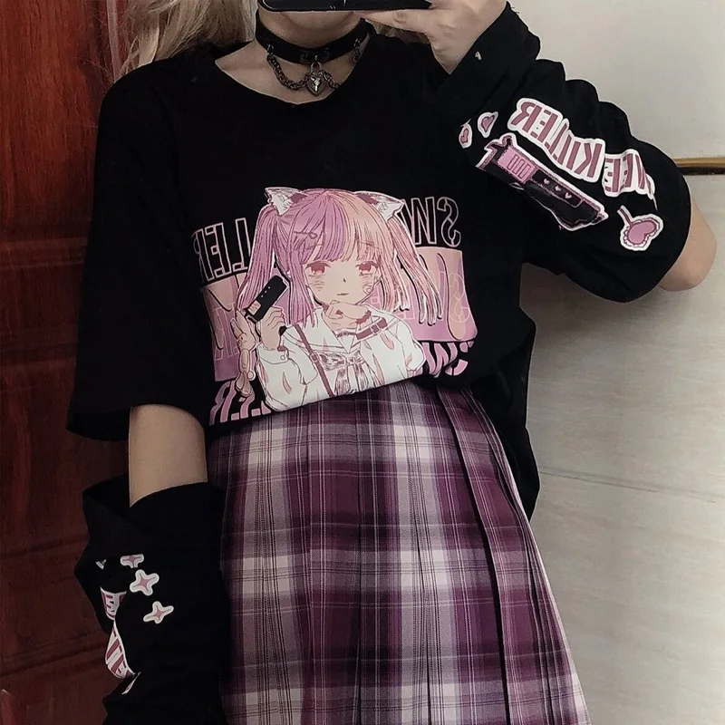 

Y2k Gothic Anime Print Graphic T Shirts For Women Japanese Harajuku Split Sleeves E Girl Goth Top Cute Cartoon Tee Shirt Mujer