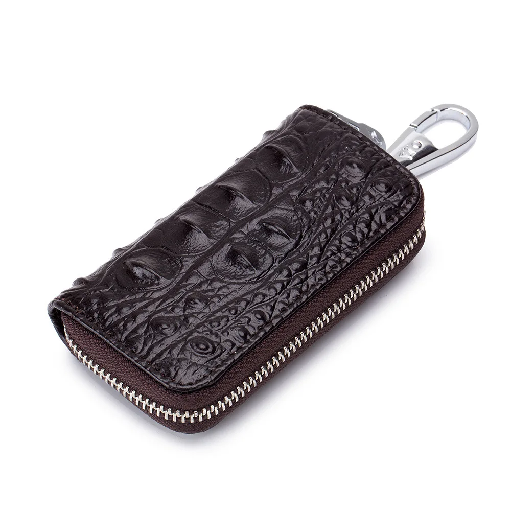 Brand Cowhide Key Card Holder High Quality Genuine Leather Crocodile Pattern Key Case Zipper 6 Key Rings Organizer Car Key Bag