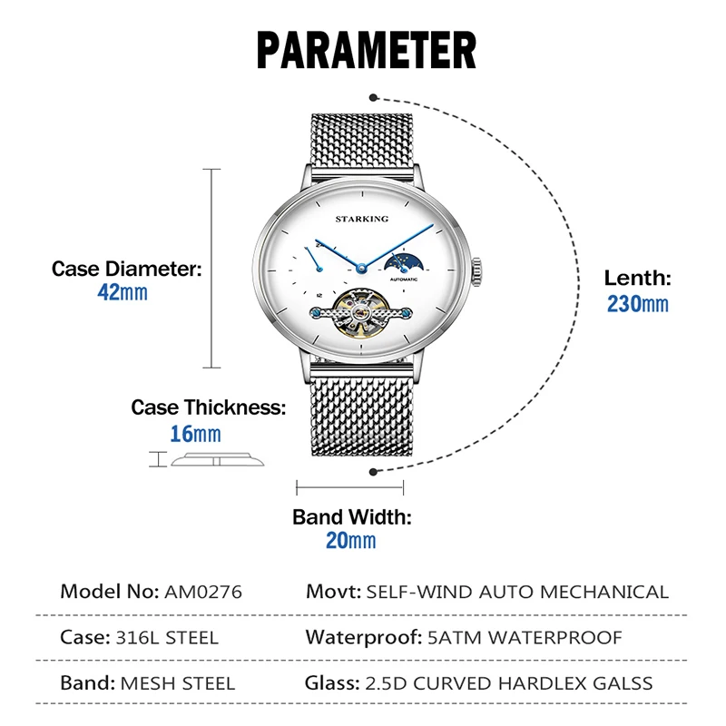 Часы наручные STARKING мужские стальные модные деловые автоматические механические
