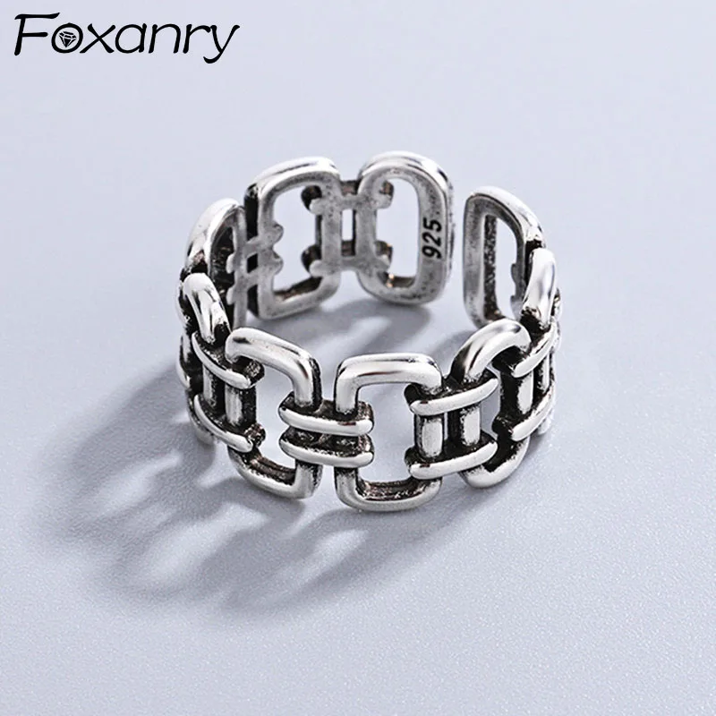 Foxanry 925 Sterling Silver Rings for Women Fashion Punk Hip Hop Vintage Creative Geometric Hollow Party Jewelry Birthday Gifts