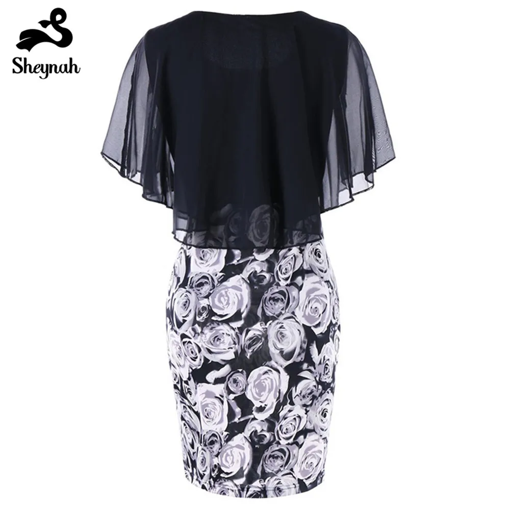 Large Big Size Women Dress Plus Floral Printing Vestidos Elegant O-Neck Chiffon Cloak Sleeve Clothing Retro Midi OL Dresses |