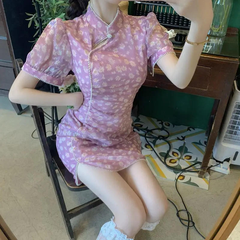 Женский чонсам платье с цветочным принтом короткий рукав половинная водолазка