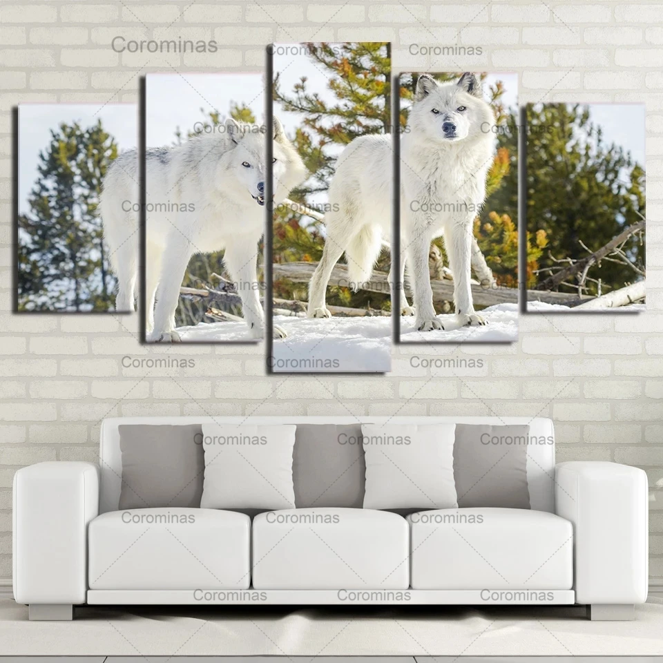 

Modular Home Decor HD Printed Painting 5 Panels White Wolf Tree Snow Landscape Posters Wall Art Canvas Modern Pictures Unframed