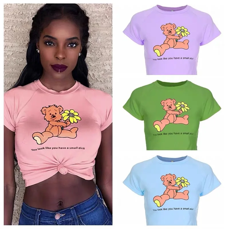 

Hot Style Bear Print Blouse Women Slim Navel Short T-Shirt Girl Casual Pink Blue Purple Green Carton Short T Shirt Tops TX01