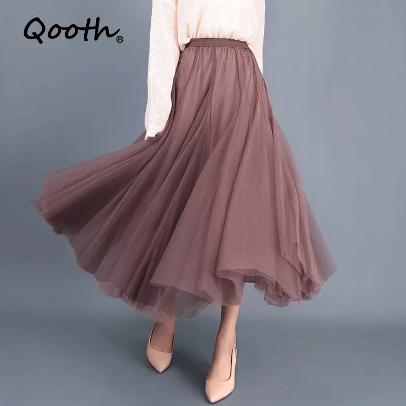

Qooth High-waisted Mesh A-line Skirt 13 Colors Large Swing Long Skirts Fashion Women Elegant Vintage Tulle Midi Skirt QT1141
