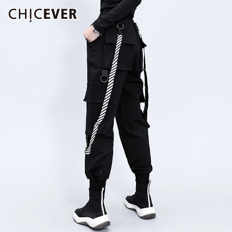 

CHICEVER, корейская мода, черные брюки карго для женщин, высокая талия, лоскутные карманы, уличный стиль, брюки, женская осенняя одежда, новинка