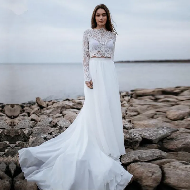 

Женское свадебное платье в стиле бохо, элегантное богемное платье из двух частей, кружевной топ с длинным рукавом и шифоновая юбка, 2021