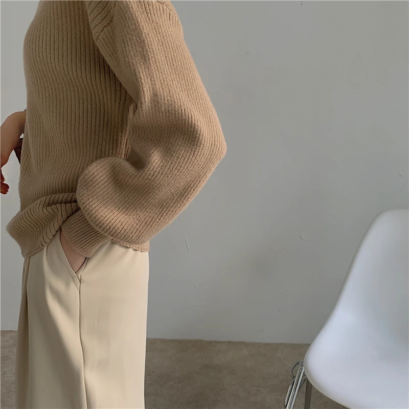

Turtleneck Solid Sweater Woman Korea Loose Long Sleeve Knitted Women's Sweater Simple Lantern Sleeve Slim Warm Sweater Women